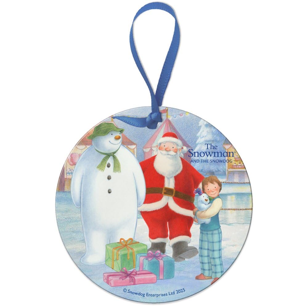Round Metal Dangler Ornament Sign (75 mm Diameter) - The Snowman and the Snowdog (Father Christmas)