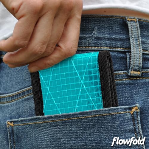 Image of Flowfold Vanguard Recycled Sailcloth Bifold Wallet | Slim and Durable with Cash pocket, Two Hidden Card Pockets and Two ID Windows | Holds 10-12 Cards | Minimalist Wallet Made in USA | Cyan Sailcloth