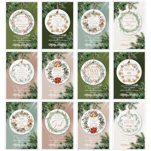 Vercraft 12 Sets Christmas Christian Ornaments Bulk Religious Gift Bible Verse Ceramic Hanging Ornament Round Inspirational Scripture Quotes Sign with Card for Xmas Tree Decor Church Family Sunday