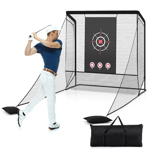 Image of COSTWAY Golf Practice Net, 7x7.4ft/10x7.4ft Portable Golf Hitting Net with Target Cloth, Dual Side Barriers & Sand Bags, Golf Driving Cloth Net for Indoor Outdoor Driving Chipping (214 x 300 x 225cm)