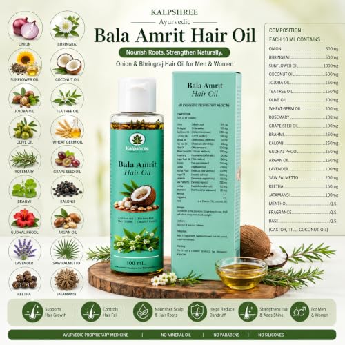 Image of KALPSHREE Hair Growth Oil 100 ml | Ayurvedic Hair Oil with Onion, Bhringraj, Almond, Jojoba, Rosemary | Dandruff & Hair Fall Control & Boost Hair Growth | For Men & Women | Scalp Nourishment & Hair Strengthening
