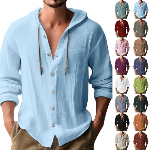 100 Percent Cotton Linen Hoodies for Men Long Sleeve Button Down Shirt Active Athletic Workout Sweatshirts for Men