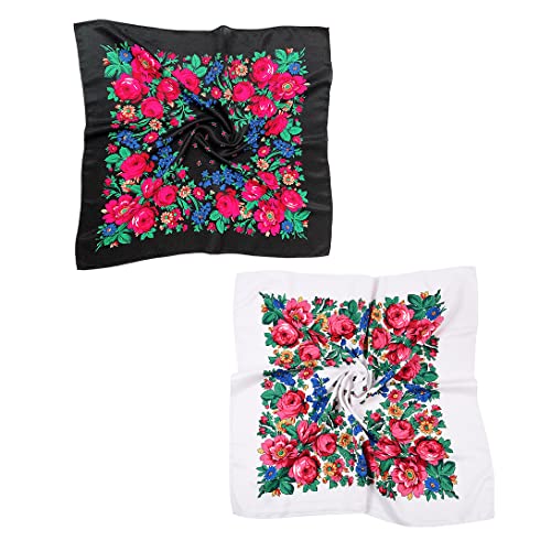 Gudessly 2 PCS Russian Ethnic Scarf Square Head Hair Scarves Printed Cotton Flowe Neck Scarf for Women Girls, Black,white, One Size