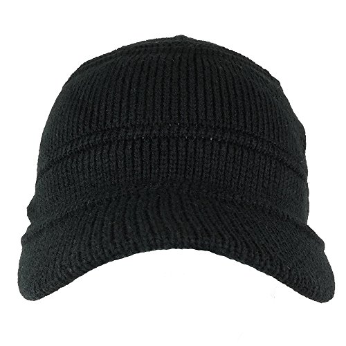 Army Style Acrylic Cadet Winter Beanie Hat With Visor - Black #TOP1