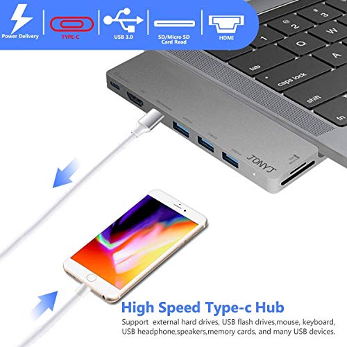Thunderbolt 3 USB C Hub, JONYJ 8-in-1 Type C Hub MAC Pro Adapter Dongle for 2016/2017 MacBook Pro 13"&15", USB-C Adapter with 4K HDMI, 3 USB 3.0 Ports, USB-C Port, SD/TF Card Reader, PD Charger Port