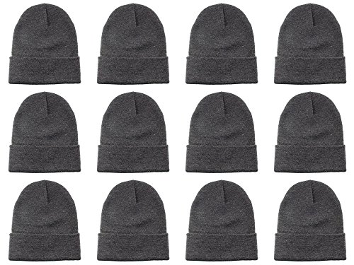 Gelante Unisex Beanie Cap Knitted Warm Solid Color Multi-Packs (12 Pack: Dark Grey)