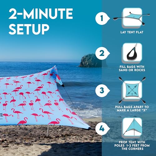 Image of Neso Gigante Portable Beach Tent Sun Shelter - Lightweight Beach Shade Canopy - Easy Setup for Family Outings - Patented Reinforced Corners - UPF 50+ Sun Protection - 8ft Tall, 11 x 11ft - Flamingos