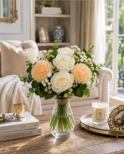 Image of Divyakosh Artificial Flowers for Home Decoration, Flora for Decor| Artificial Flowers for Vase (VASE NOT Included) Home Decor Items, Artificial Peach Dahlia & Rose Flowers Bunch for Vase