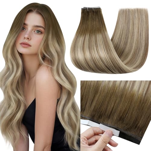 Image of Full Shine Wide Tape in Hair Extensions Real Human Hair, 18 Inch 50g | Brown to Ash Blonde Balayage, Seamless Remy Hair Add Length Volume, Genius Weft Tape in Extensions for Wedding Guest