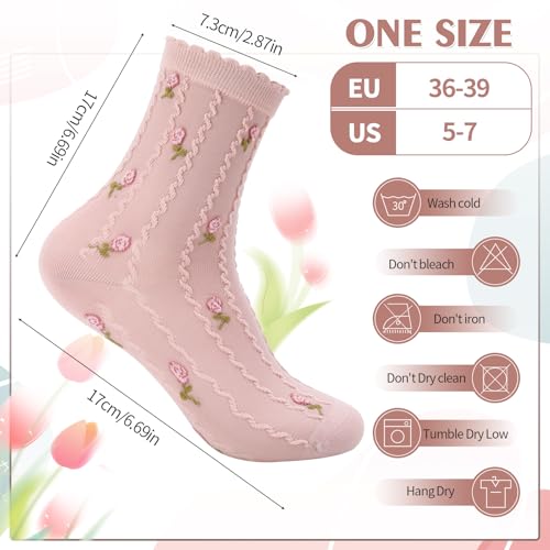 Image of Jspupifip Women Ruffle Socks, 4 Pairs Floral Frilly Socks Casual Ankle Breathable Knit Cute Lettuce Floral Crew Sock Size 5-7