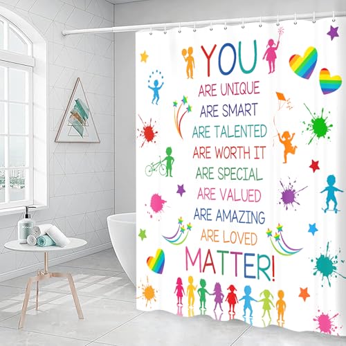 Image of Kids Educational Shower Curtain，Colorful Inspirational Quote Motivational Phrase Bath Curtain for Boy Girl Nursery, Positive Saying Waterproof Fabric Polyester Curtains with 12 Pack Hooks Plastic