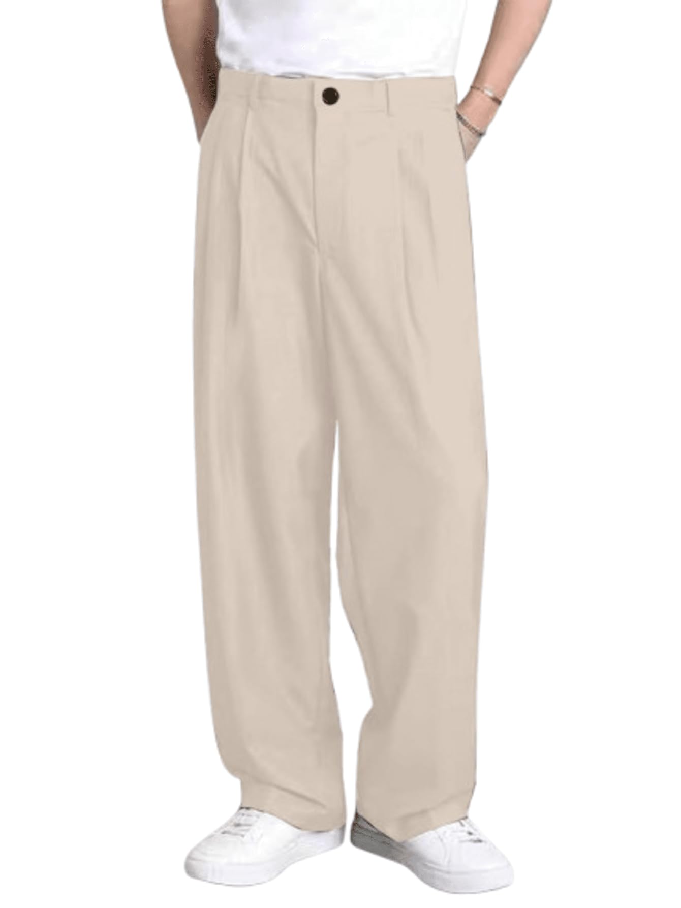 men's black regular fit mid rise solid pleated baggy korean trousers