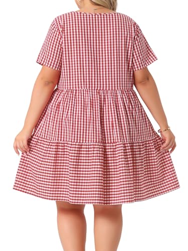 Image of Agnes Orinda Plus Size Gingham Dresses 1950s Vintage Plaid Round Neck Short Sleeve Tiered Midi Summer Dress