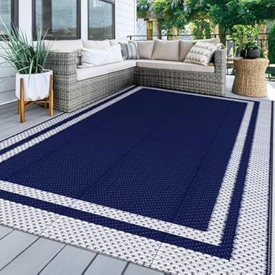 LuxStep Outdoor Rug, Waterproof Reversible Patio Rugs, 5x8ft Large Outdoor Area Rug Foldable Plastic Camping Rugs for Outside RV, Patio,Picnic,Camper,Balcony,Porch (Blue &White)