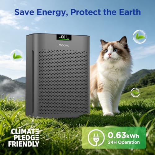 Image of Air Purifier for Home Bedroom Large Room 2200 Ft, MOOKA H13 HEPA Air Cleaner with Washable Pre-filter, Air Quality Monitor, Air Purifiers for Pets Hair Smoke Pollen, Auto Mode, KJ190H Grey