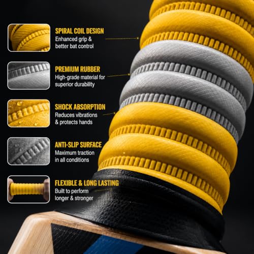 Image of Professional Cricket Bat Handle Coil Grips with Better Shock Absorption | Soft Rubber for Better Swing | Durable, High-Quality Batting Grip for All Cricket Players, Pack of 1 (Yellow)