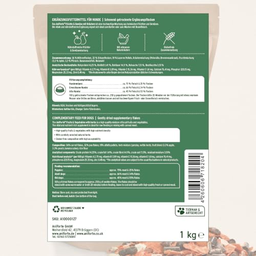 AniForte Barf Zusatz für Hunde Früchte und Gemüse mit Kräutern 1kg - Naturprodukt, Barf Ergänzungsfutter, glutenfrei, Flocken ohne künstliche Zusätze, 100% Natur Ergänzung barfen, Futter