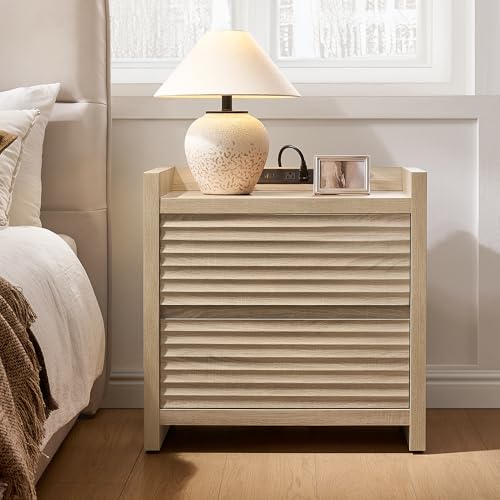 Image of SICOTAS Nightstands Set of 2 - Fluted Nightstand with Charging Station - 25 inch Tall Mid Century Modern Night Stands with 2 Drawers, Large Bedside Table for Bedroom, Sofa Side