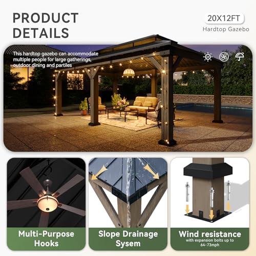 Image of Aoxun 20' x 12' Outdoor Wood Gazebo, Hardtop Gazebo Permanent Wooden Pavilion with Galvanized Steel Double Roof, and 19.7 FT Power Outlet,for Backyard, Garden, Deck, Cedar Wood, Grey