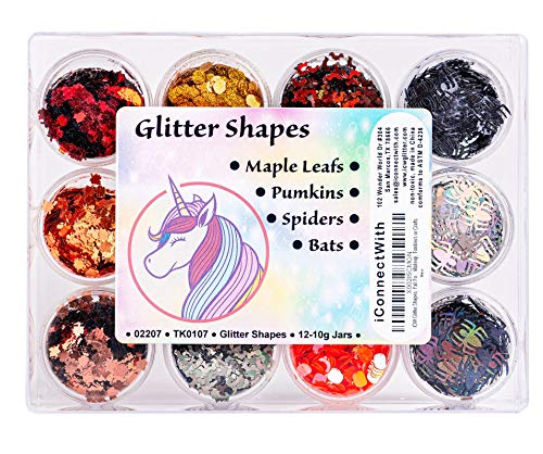 iConnectWith Glitter – Fall Shapes – Maple Leaf, Pumpkin, Spider, Bat Glitter; Multi-use for Crafts, Decorations, Nail Art, Makeup, Tumblers, Resin Art, and DIY Projects