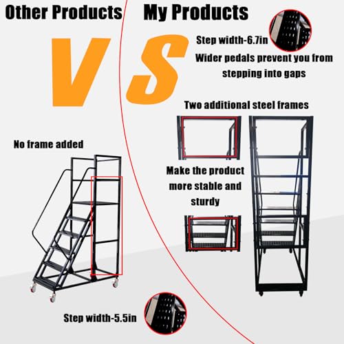 Image of Rolling Ladder with Wheels, Mobile Rolling Stairs with Handrail for Industrial Warehouse, Rolling Steps Ladder with Fence, for High Shelf Aisles, Warehouses, Supermarkets, Libraries (Black, 4 Steps)