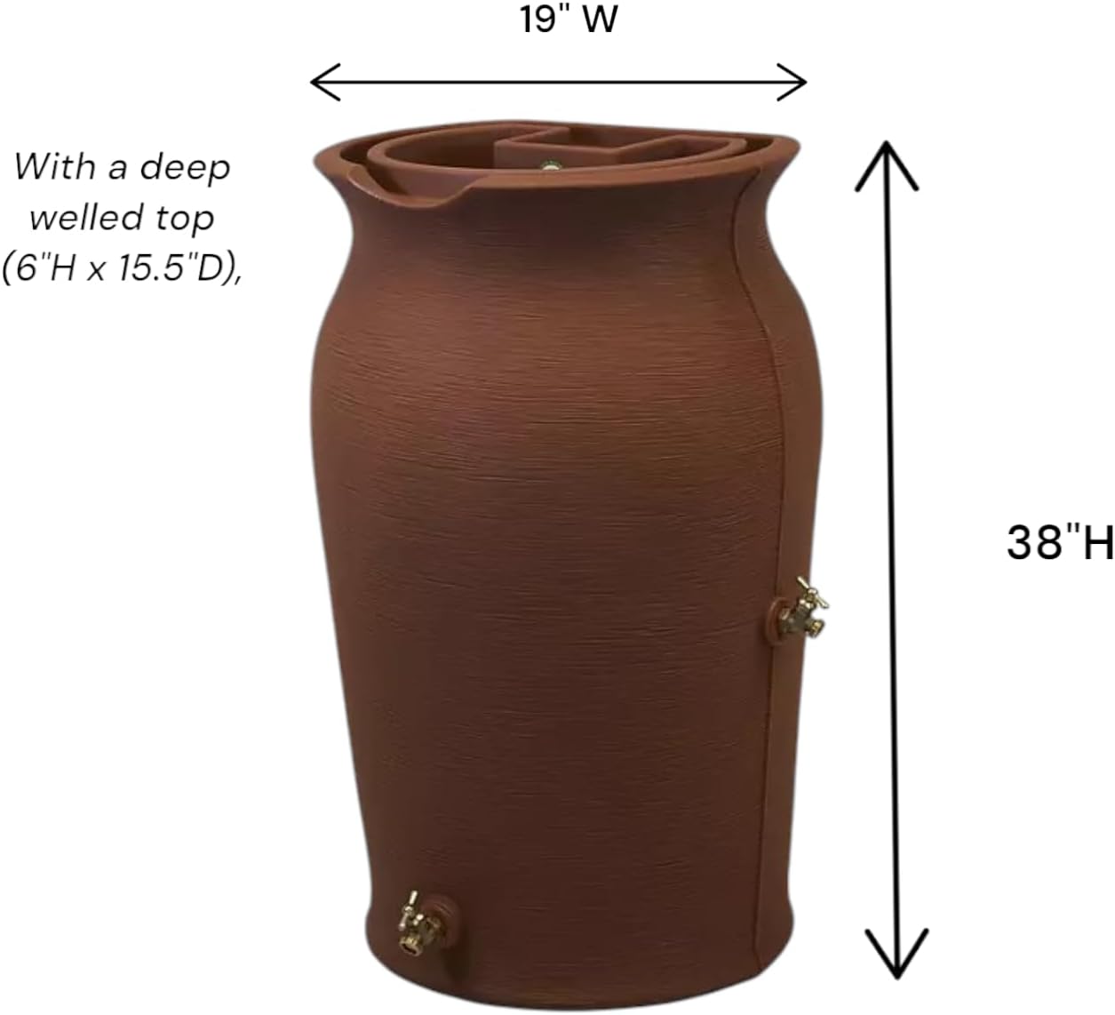 Decorative Artisan Pottery Look Rain Barrel with Planter Top, Resin,50 Gallon, Brown, Dual Brass Spigots, Perfect for Any Home Floral or Vegetable Decoration.