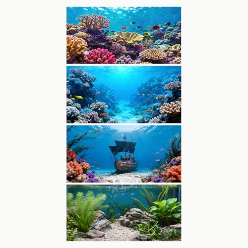 Ricomboo 4 Pack Aquarium Background 24x12 Inch Polyester Cloth Decor for Fish Tank Set of Undersea Coral Rock & Plant Dcor Backgrounds Aquatic Themed Decorations
