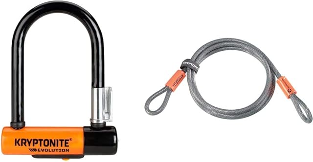 Kryptonite Evolution Mini-5 U-Lock - Black/Orange & Loop Cable Krypto Flex 213cmx10mm, Grey