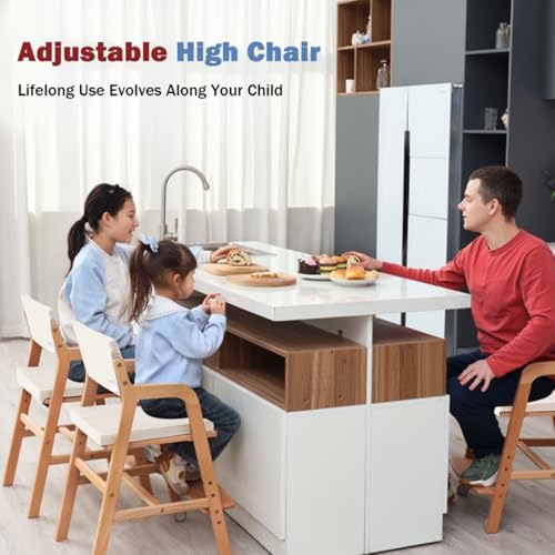 Image of Swegrow Wooden High Chair with 2 Wheels, Adjustable Seat - Backrest - Footrest Heights, Wooden High Chair for Toddlers - Kids and Baby, Kids Dining Chair with Removable Cushion(Beige)
