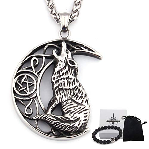 Viking Wolf Fenrir Pendant Necklace for Men Women Stainless Steel Wheat Chain Norse Amulet Talisman