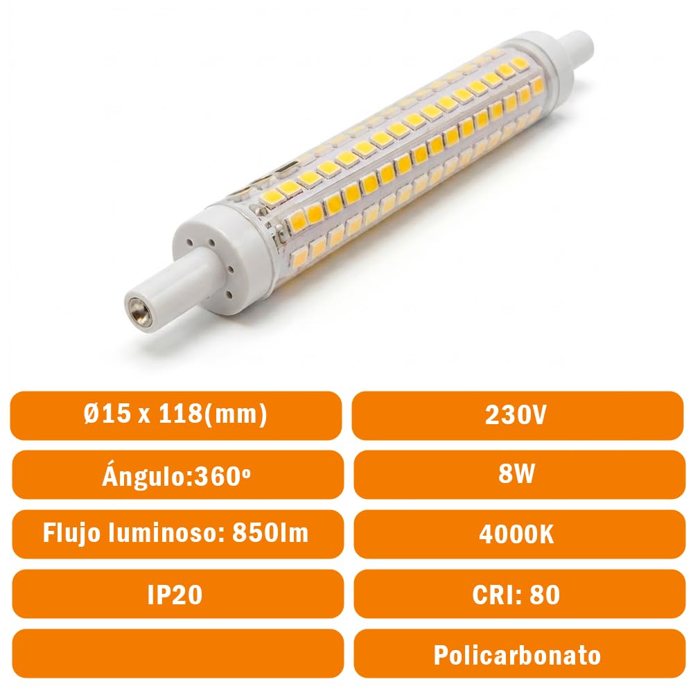 Genérico Bombilla LED R7S 118mm 8W Equivalente 65W Blanco Neutro 4000K 850LM Lámpara Lineal Slim No Regulable para Hogar Oficina Dormitorio Comedor (10 Pack)