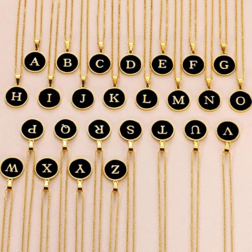 Image of Giftana Alphabet Locket with Chain, Black Enamel Letter A-Z Pendant Necklace for Woman and Girls, Personalized Initial Name Gold Plated Pendant Necklace Gift for Girlfriend, Sister