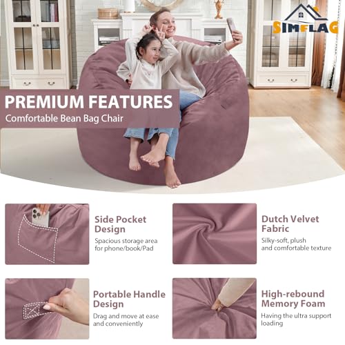 3FT Bean Bag Chair, Comfy Bean Bag Chairs with Memory Foam Filled, Fluffy Beanbag Sofa with Dutch Velvet Cover, Round BeanBag Chairs for Living Room, Playroom - Dusty Pink