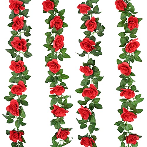 Flores Artificiales de vides Falsas para decoración de Flores, Guirnalda de Flores Rojas, guirnaldas de Rosas Falsas, decoración de Flores, Mesa de Centro de Mesa (4 Unidades) Cover