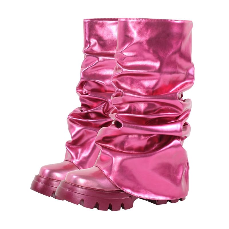 sexytag Women's Metallic Boots Slouchy Foldover Platform Round Toe Western... - Picture 18 of 61