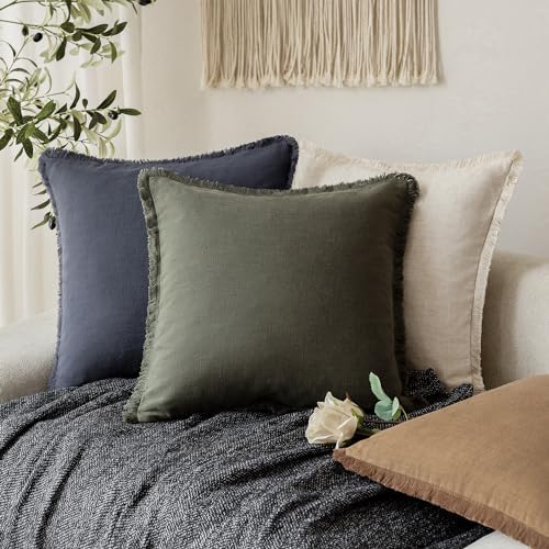 Image of Foindtower Set of 2 Decorative Linen Fringe Throw Pillow Covers Cozy Farmhouse Cushion Cover with Tassels Accent Pillowcase for Couch Chair Sofa Bed Living Room Home Decor,18x18 Inch,Dark Olive Green