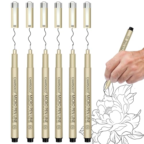 CHARSOCO 05 Micro Pen 6Pack Black Fine Point Pen with Waterproof Archival Ink 0.48mm Fineliner Ink Pens for Artist Illustration Sketching Anime Manga Technical Drawing and Scrapbooking