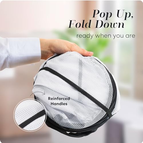 Image of Foldable Laundry Basket - Popup and Collapsible, Durable Mesh Material, Folds for Storage, Easy Carry Handles - Great Hamper for College Dorm, Laundry Room or Travel (White-Black, 2-Compartments)