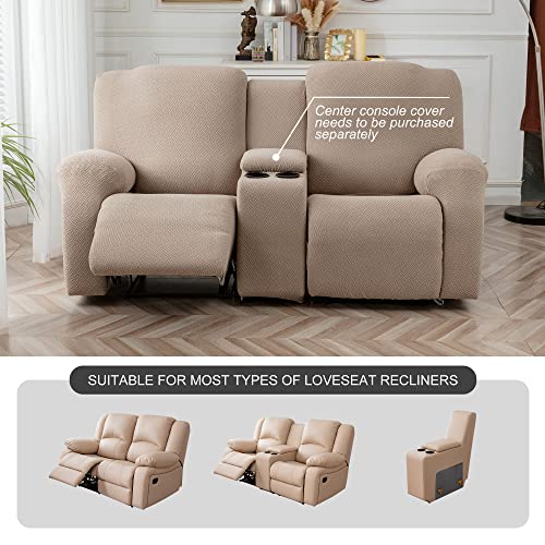 Image of Genina Recliner Loveseat Covers, Stretch Reclining Sofa Covers, 2 Seater Couch Cushion Stripe Jacquard Recliner Slipcovers - Furniture Protector Covers for Pet Kid (Taupe)