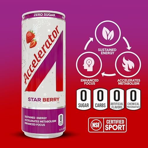 Image of Accelerator Active Energy Drink, Star Berry 12oz can (12 pack) | Zero Sugar, Sustained Energy from 100% Natural Caffeine (200mg from Green Coffee Bean & Green Tea extract)