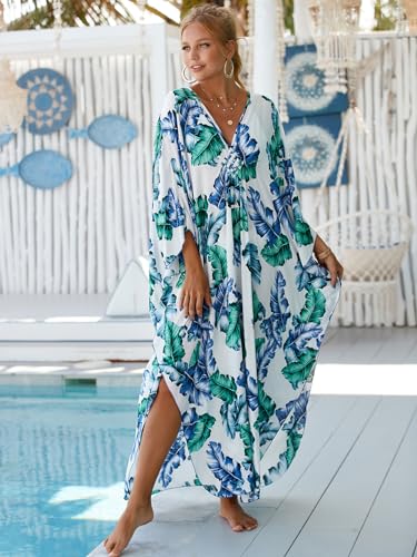 Image of sunforyou Kaftan Dresses for Women Plus Size Lightweight Swimsuit Cover up Batwing Sleeve Print Loungewear Beach Robe
