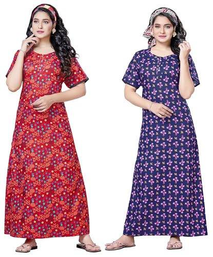 Image of Keyocean Women's Cotton Printed Nighty Night Gown Maxi Free Size (Pack of 2) Red & Navy Blue