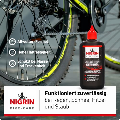 NIGRIN BIKE-CARE Allwetter-Kettenöl, 100 ml Flasche, Fahrradkettenöl, verringert Reibung, macht Fahrradketten leichtläufig