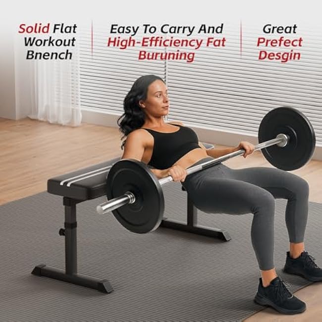 Black Flat weight Bench, Bench workout, Easy Assembly for Training Bench Press with adjustable height, 600LBS gym bench for Full Body Workout and home workout, 4 Adjustable Heights Heavyy Bench,