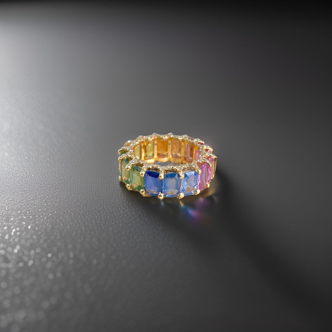 Sterling Silver Multicolour Rainbow Sapphire Ring Baguette Cut Gemstone Band For Women
