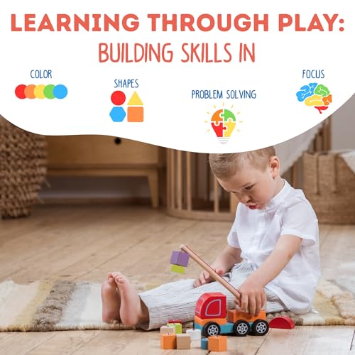 Image of CUBIKA Wooden Crane Truck - Magnetic Construction Vehicle Playset for Toddlers Ages 18 Months+ - Montessori Toy for Fine Motor Skills, Creativity, and Imaginative Play