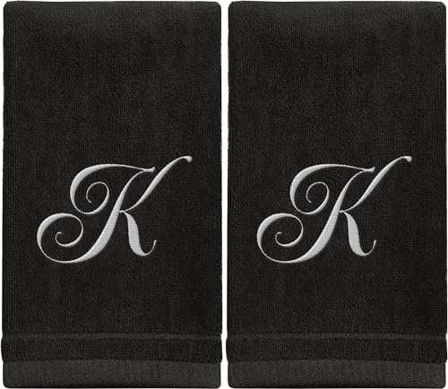 Monogrammed Towels Fingertip, Personalized Gift, 11 x 18 Inches - Set of 2 White Embroidered Towel - Extra Absorbent 100% Cotton - Soft Velour Finish - For Bathroom/ Kitchen/ Spa - Initial K (Black)