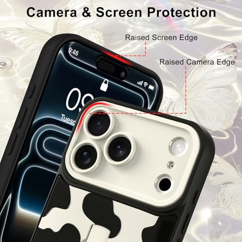 Image of for iPhone 17 Pro Case with Finger Strap Holder, Cute Cool Cow Print Pattern Design for Women Men, Shockproof Anti Scratch Hand Kickstand Protective Cover, White