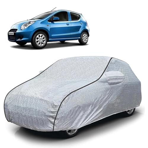Image of Sulfar 100% Waterproof Car Body Cover Compatible with Mirror for Maruti Suzuki A-Star (Triple Stitched, Full Bottom Elastic, Magic Silver with Black Piping)