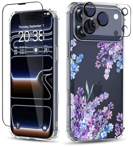 ilnehc for iPhone 17 Pro Case,[3 in 1] with Screen Protector & Camera Lens Protector,Flower Pattern Design,Clear Soft Shockproof Slim Floral Phone Cover for Women Girls 2025 6.3"(Lavender/Purple)